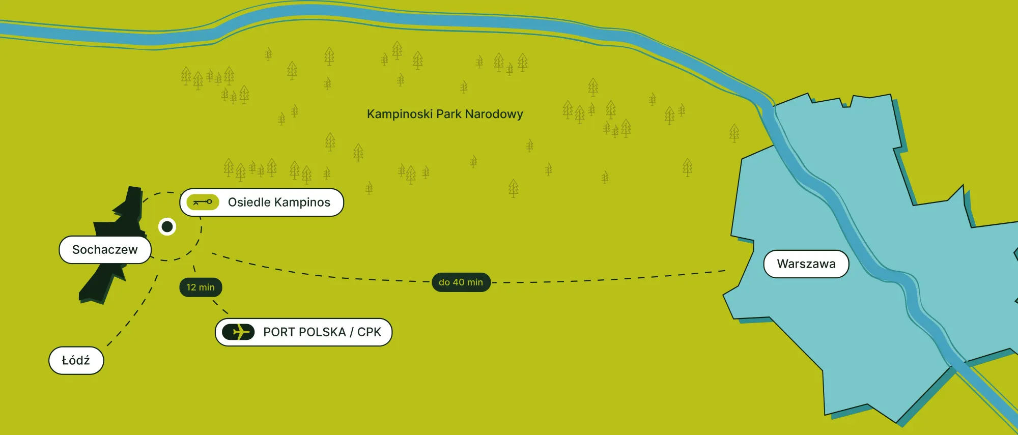 Mapa lokalizacji Osiedle Kampinos - odległości do CPK, Warszawy, Sochaczewa, Łodzi